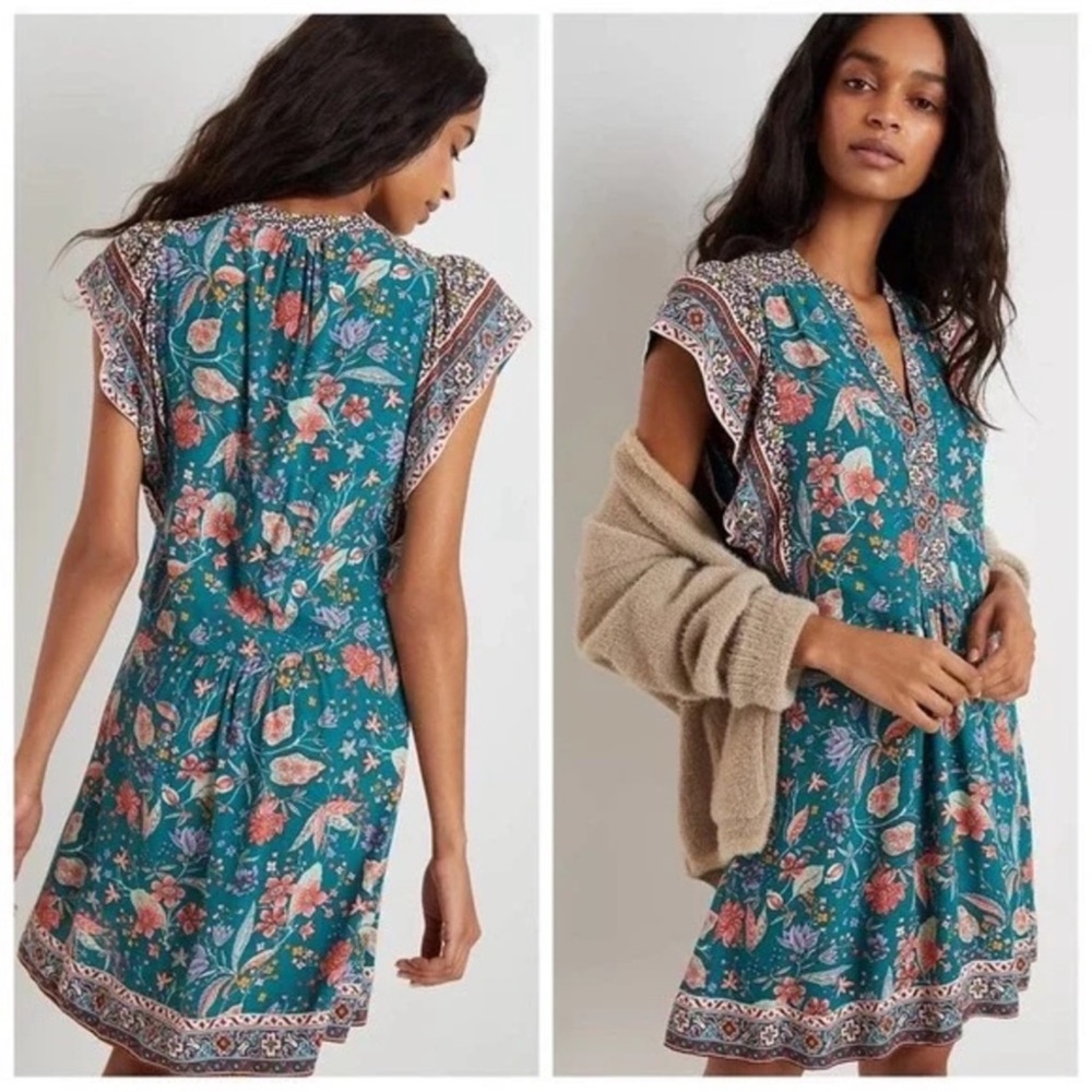 Teal Floral V-Neck Short Dress